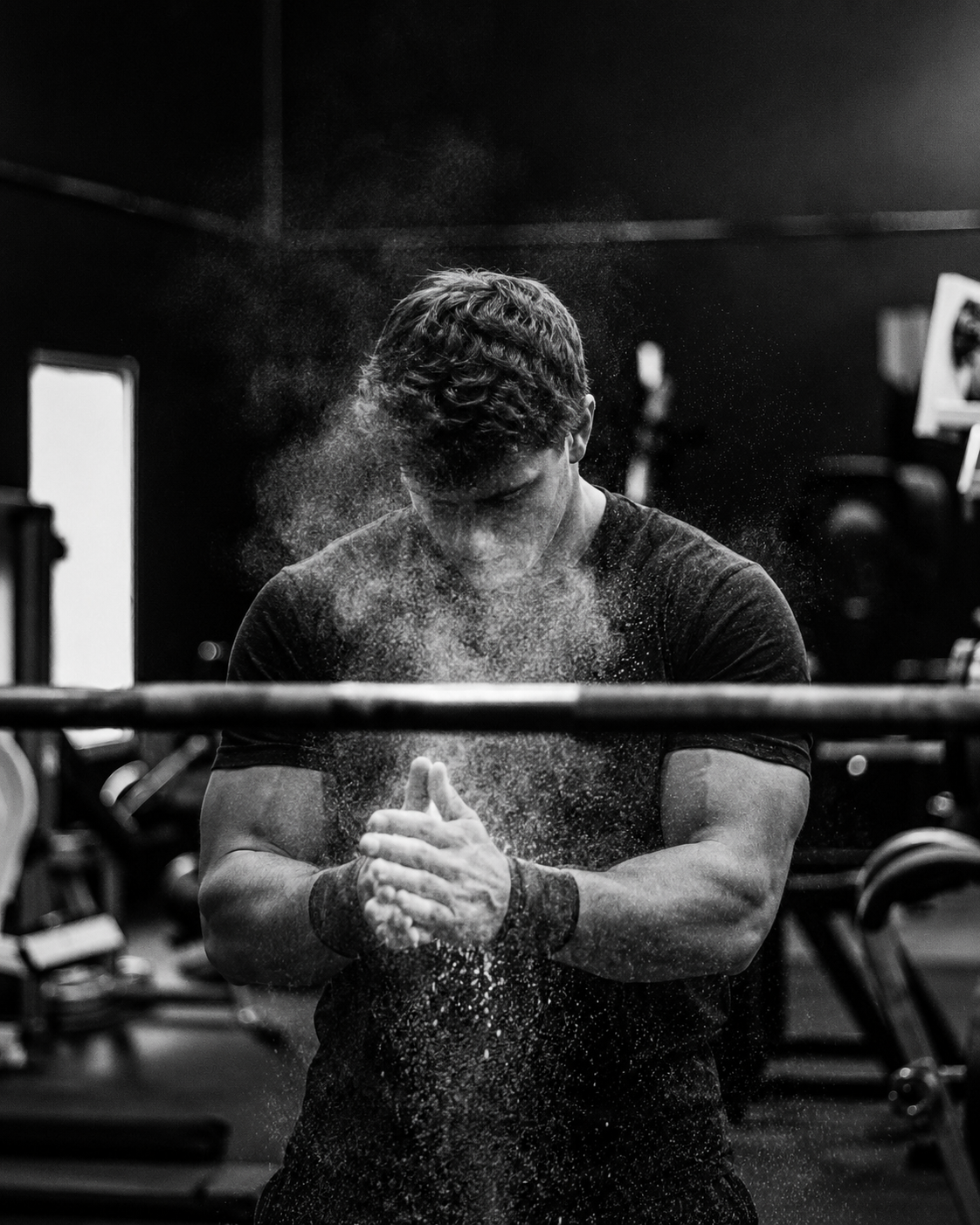 Athlete chalking hands at the barbell, locked in before the next set