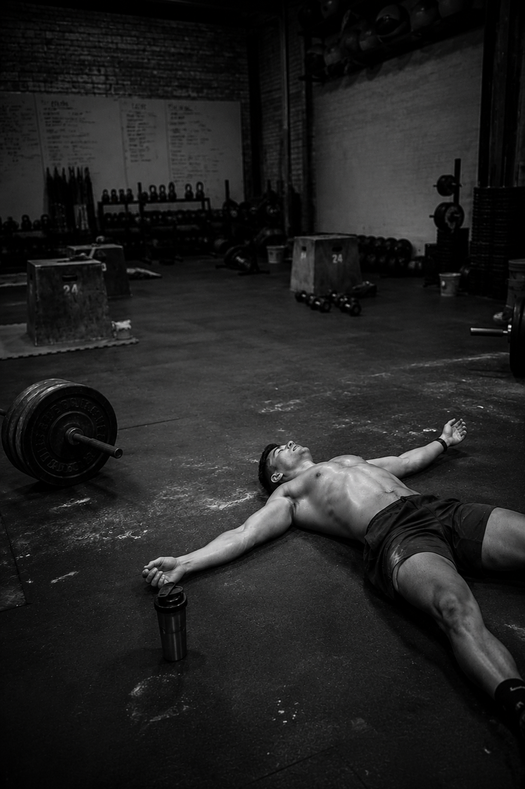 Athlete flat on the gym floor after a hard WOD, shaker within reach