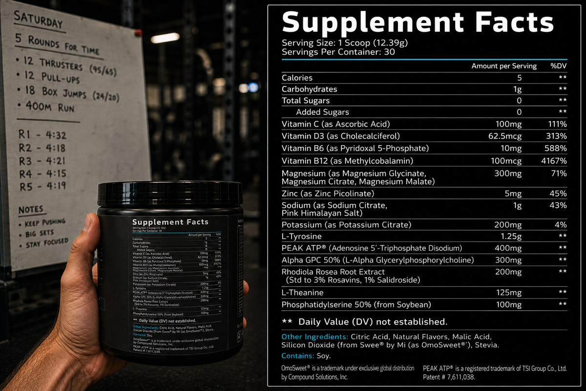 Electrodose Supplement Facts panel held up in front of the whiteboard WOD — every ingredient and dose disclosed