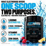 Electrodose One Scoop. Electrolytes, vitamins and six additional listed ingredients, zero sugar and caffeine-free
