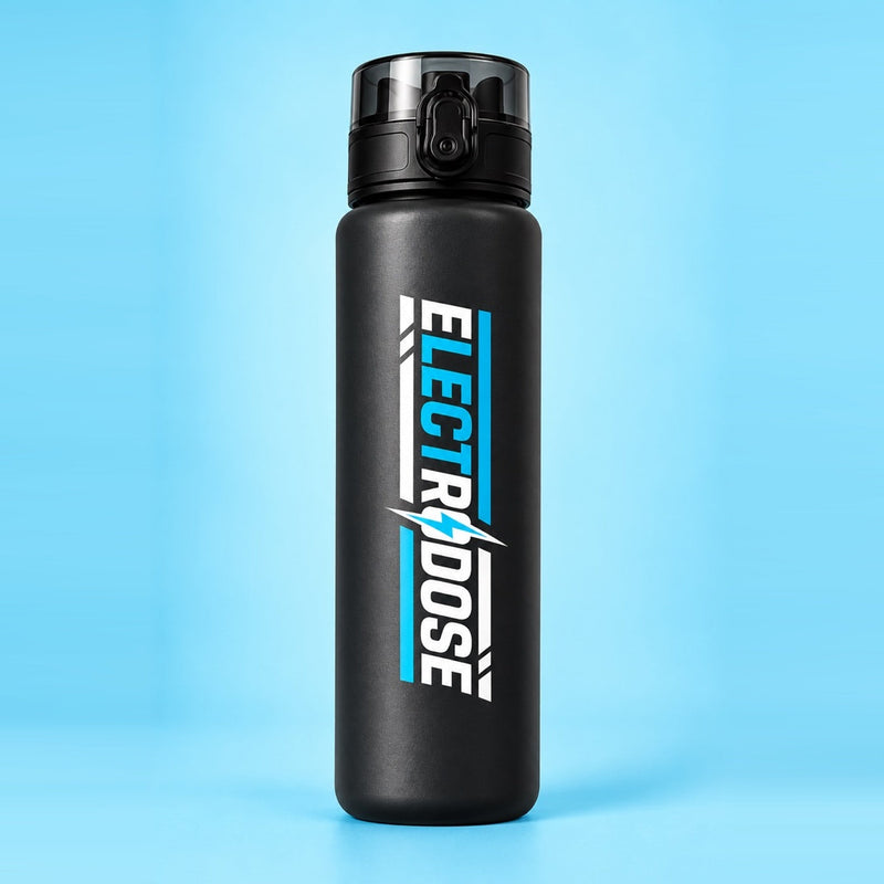 Electrodose shaker bottle, black with cyan wordmark - Water bottle pictured separately; see your selected plan for first-order welcome items.