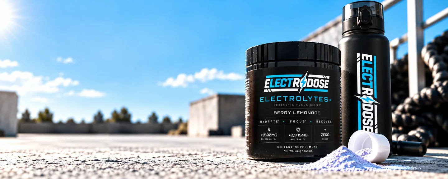 Electrodose Berry Lemonade tub and shaker bottle beside a scoop of powder, outdoors on a sunny day